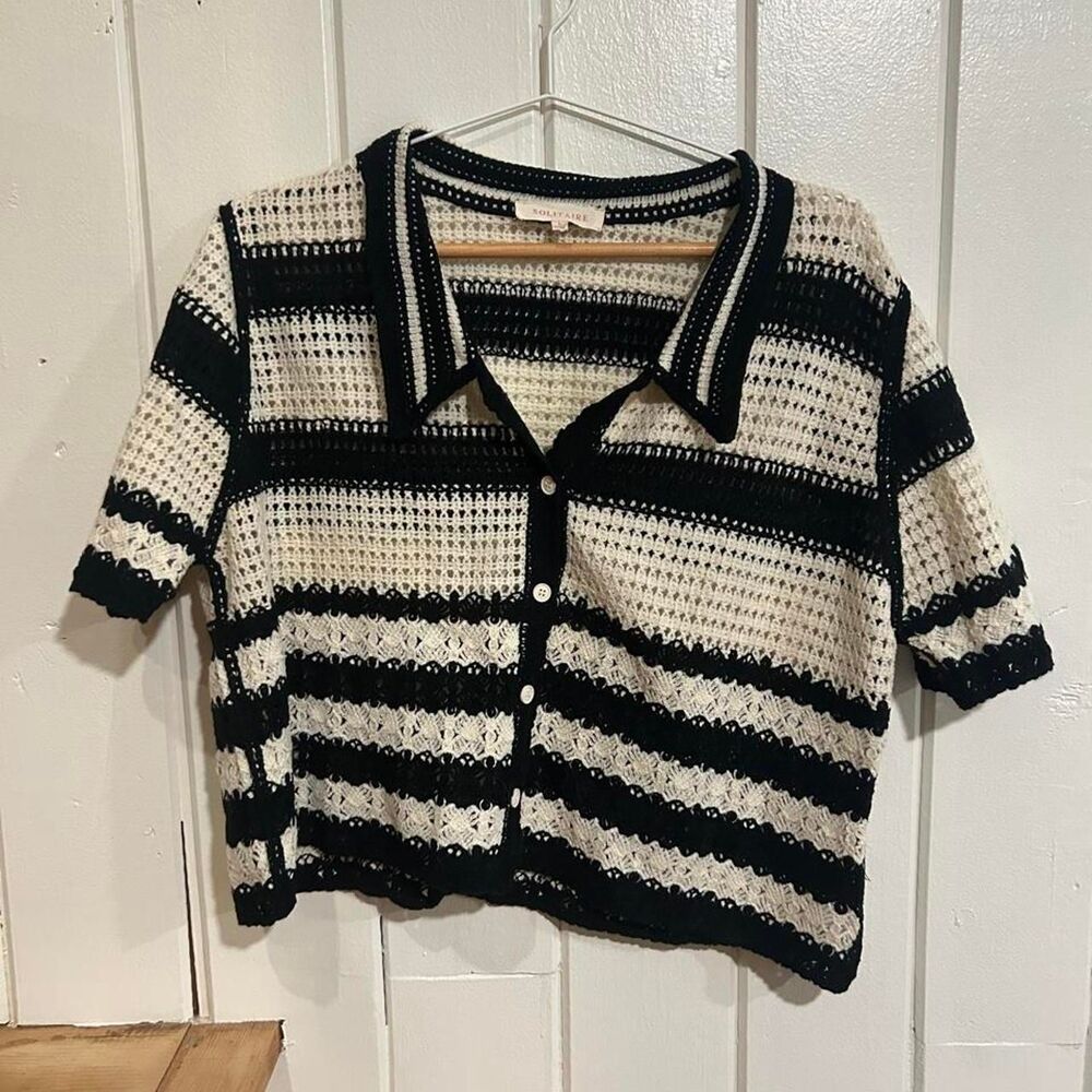 Solitaire Open Knit Crochet Polo Shirt Black Cream Striped Button Up Size L
